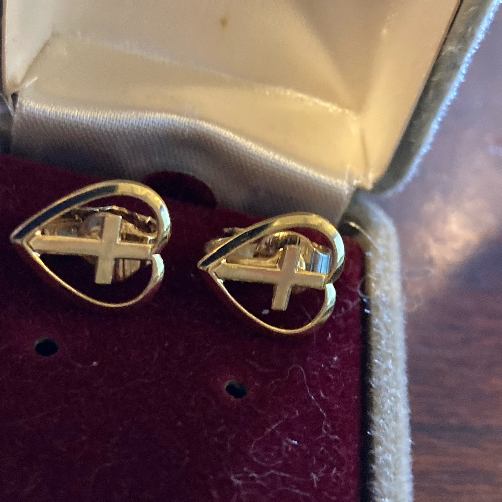 Cross and Heart Golden Clip on Earrings